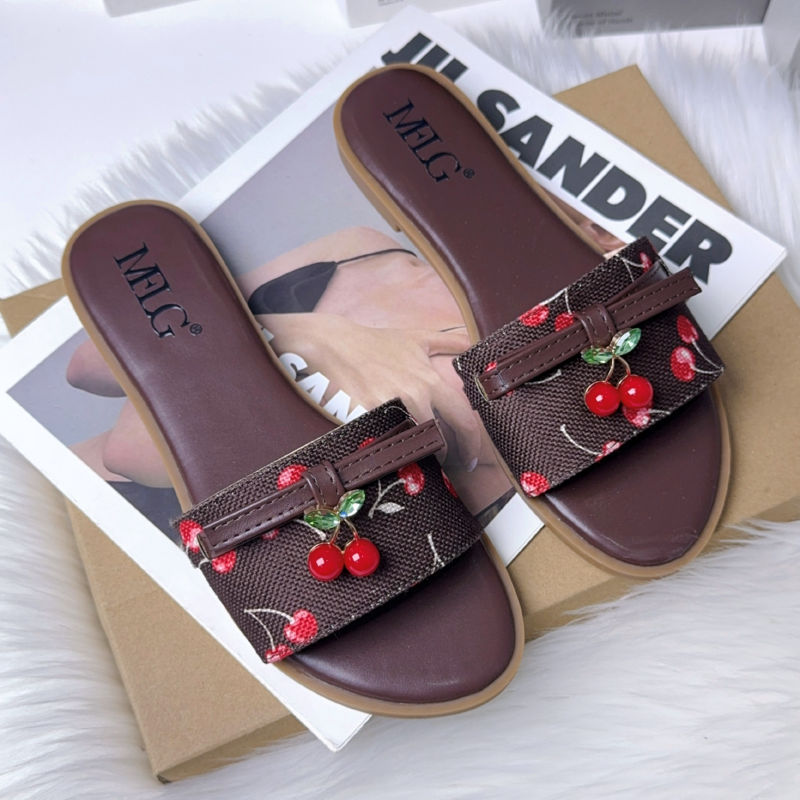 MFLG 2026 New Women's Fashion Cherry Rhinestone Buckle Flat Premium Slippers Luxury Slip-On Slipper 37-42