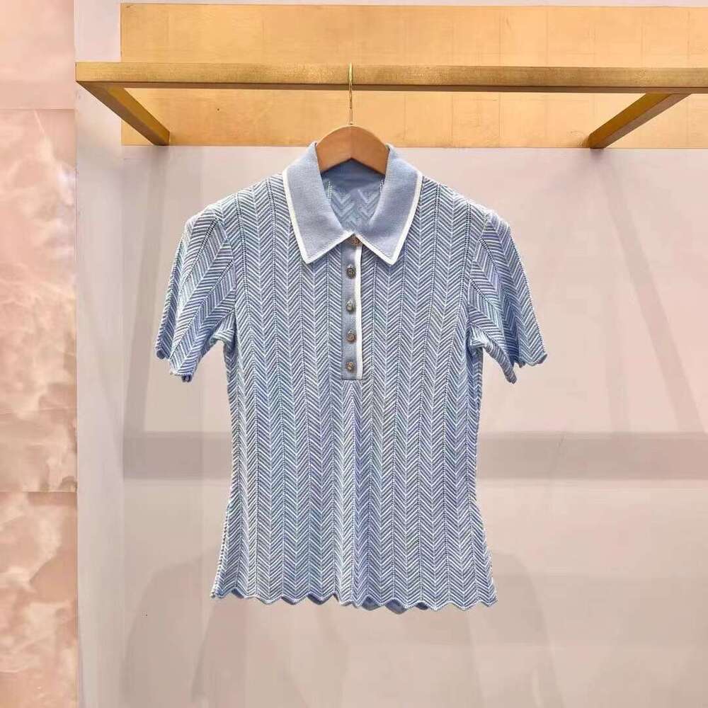 French Niche 2026 Spring Summer New Light Blue Hollow Knit Short Sleeve Turn-Down Collar Top for Women M