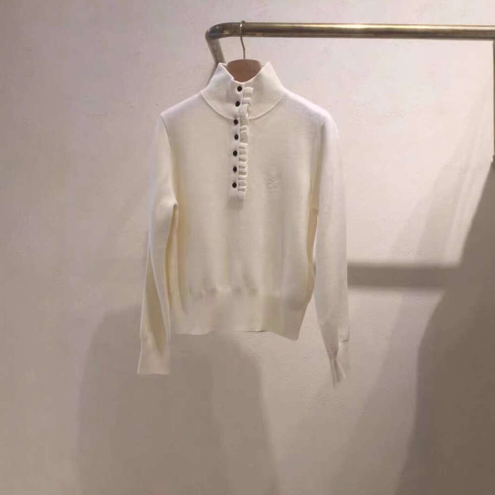 Fadan S Home 2026 Autumn Winter New White Ruffled High Neck Loose Long Sleeve Solid Color Knitted Pullover Top