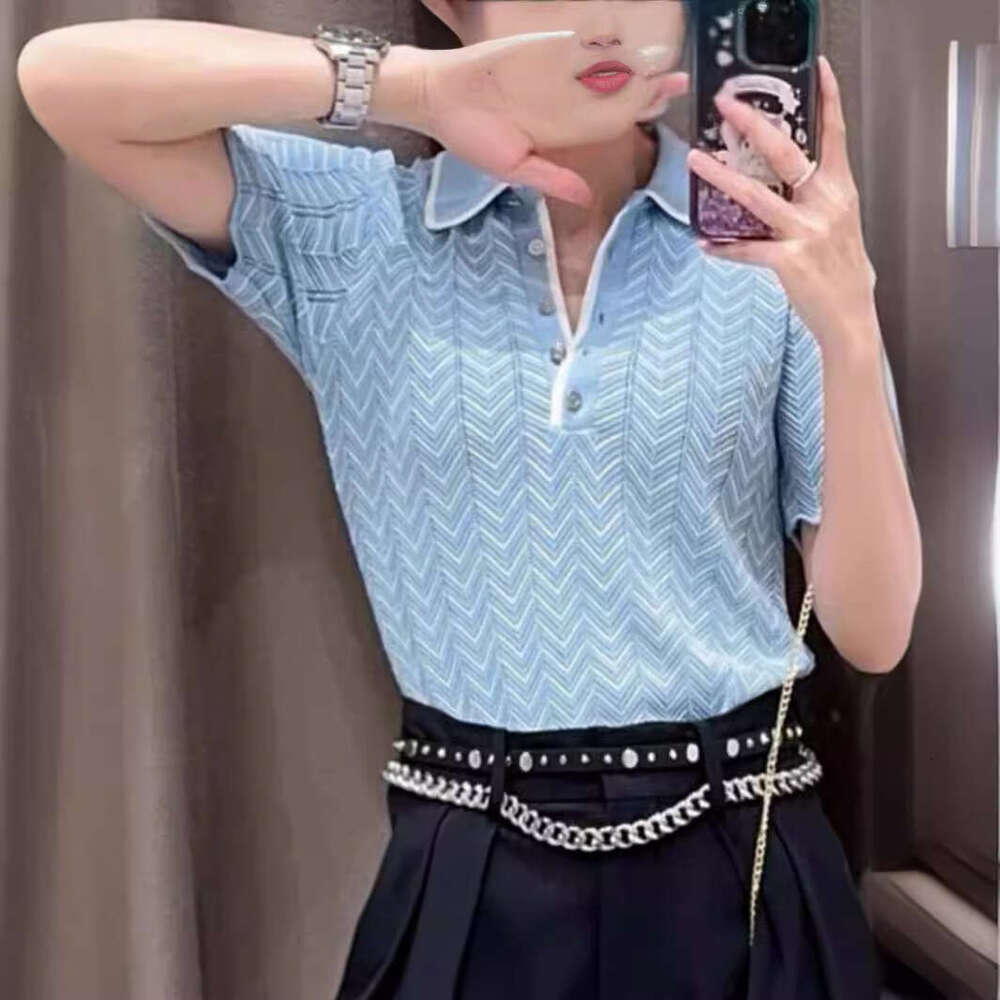 French Niche 2026 Spring Summer New Light Blue Hollow Knit Short Sleeve Turn-Down Collar Top for Women M