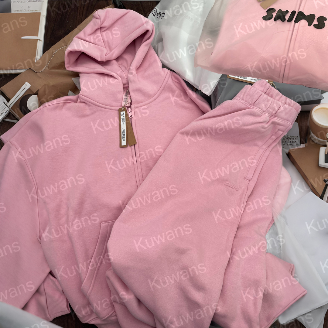 Skims Sets Women's Set Outfit Classic Zip Up Hoodie Halite Pink Jacket Full Zip + Pants Sweatpants Sweat Long Lounge BUBBLE HEM Outfit Sports Sportswear Yoga S-L