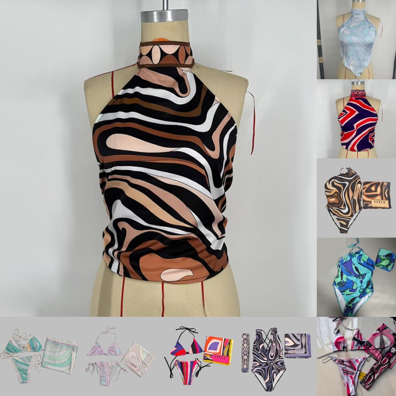 Designer Women Swimsuit Bikinis Sexy Halter Vest Top Color Blocked Swimwear With Headband Scarf Swimwear Summer Vacation Beach Surfing Bikinis