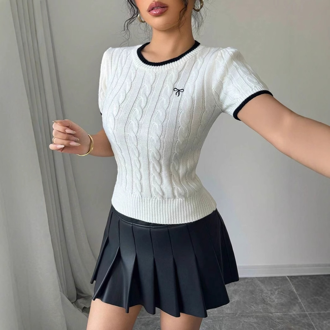 Luxury Brand Designer Clothes 25 Spring Summer New Twist Rope Letter Jacquard Round Neck Short Sleeve Knitted Top For Women Knitted Top