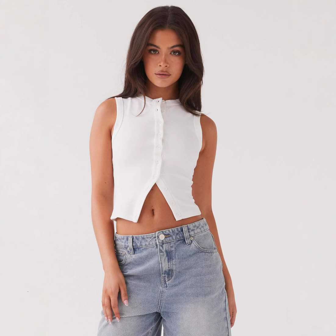 2025 Spring Summer Amazon European and American Hot-Selling Slim Fit Short Ribbed Sleeveless Button Vest T-Shirt Cross-Border Trade for Women