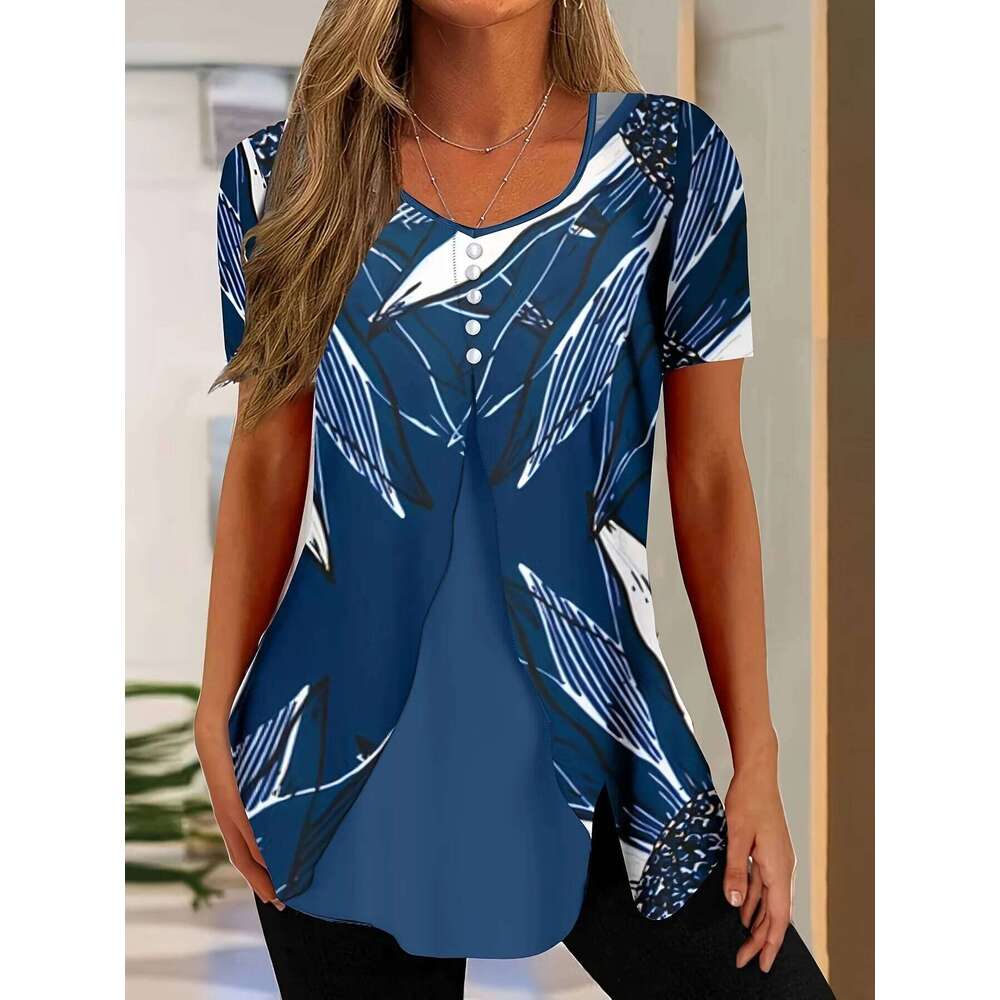 Elegant Fake Two-Piece Women's Round Neck Short Sleeved Button Blouse Summer Office Lady Work Casual Top