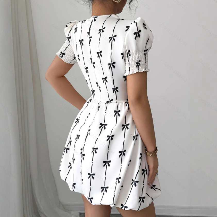 Luxury Brand Designer Clothes European And American 2025 Summer New Ruffled Sleeve Women's Bow Pullover Dress