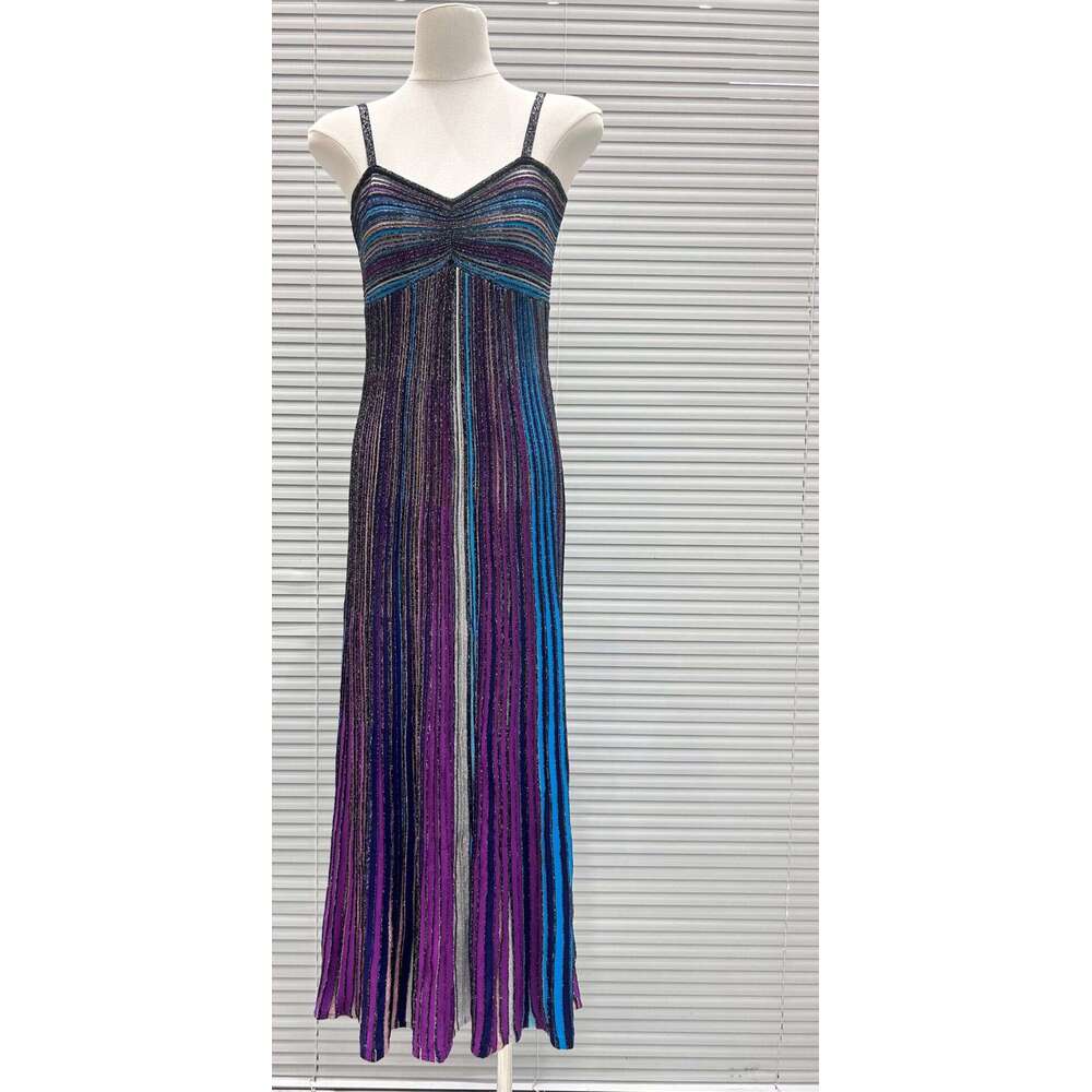 2026 Summer New Fashion Vacation Style Color Block Sequin Striped Knitted Slim Fit Elegant Spaghetti Strap Dress