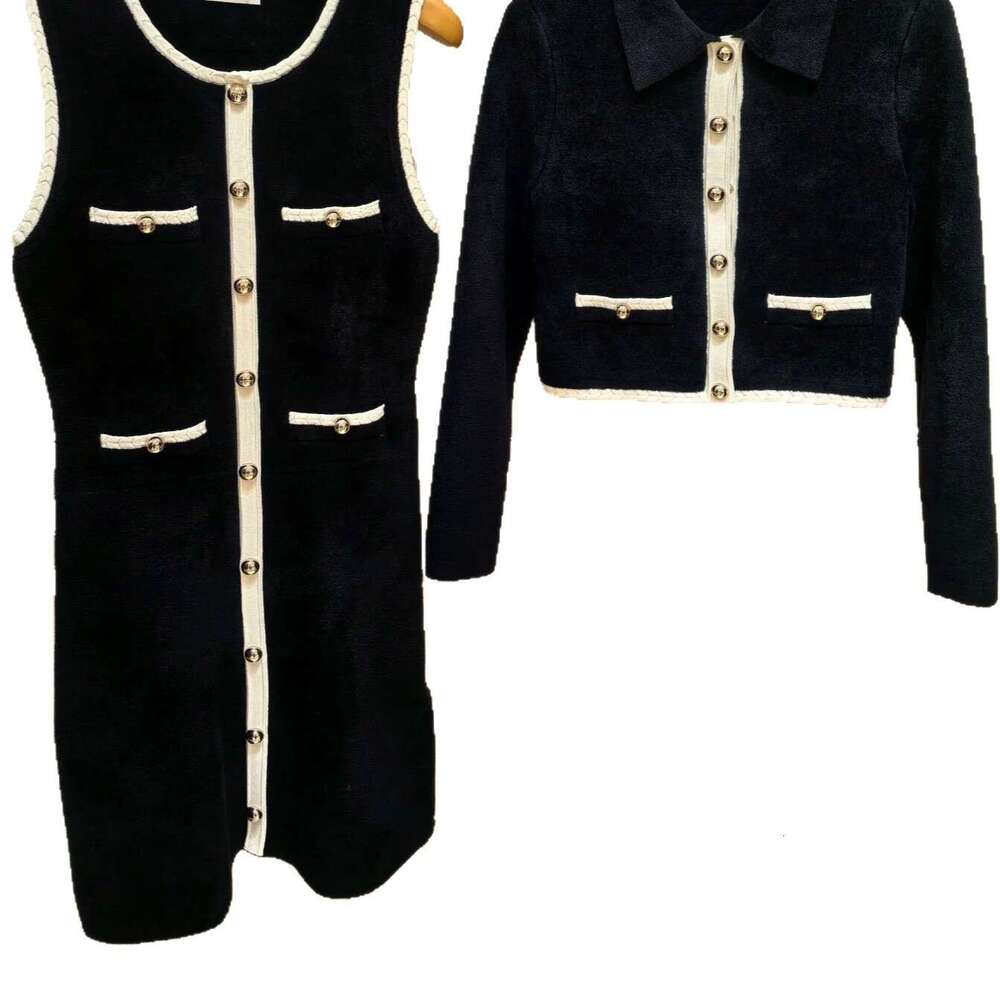 French Elegance 2026 Autumn New Black and White Color-Block Slim Knitted Sleeveless Dress + Turn-Down Collar Short Cardigan Jacket