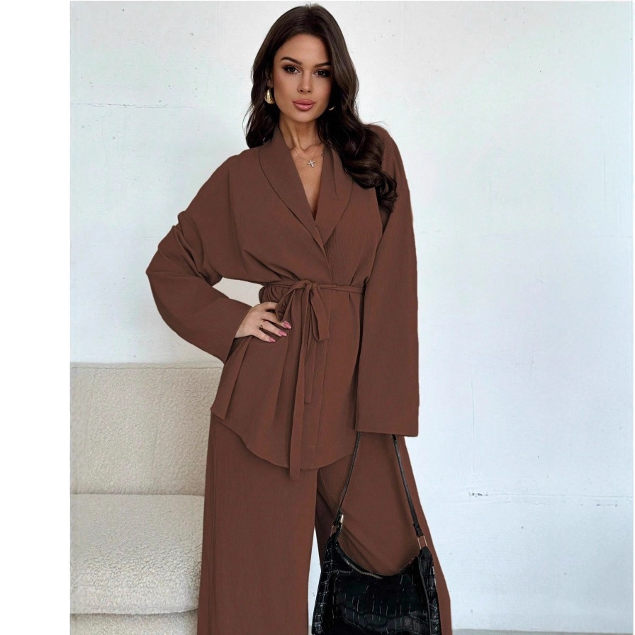 2025 Autumn Winter European American Amazon Cross-Border Fashion V-Neck Women's Elegant Long Sleeve Wide-Leg Pants Set