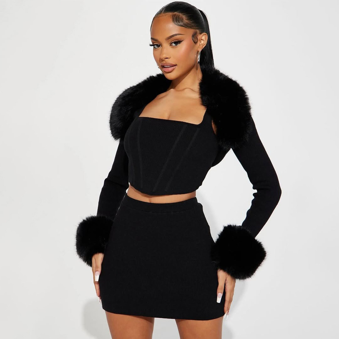 Sexy Fur Collar Hollow Crop Top Mini Skirt Women 2 Piece Set Autumn Elegant Knitted Bodycon Nightclub Dress Outfits 250118