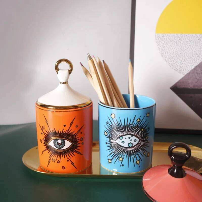 European Ceramic Candy Creative Eye Jewelry Scented Cotton Swab Box Home Desktop Decor Pen Holder Candle Jar