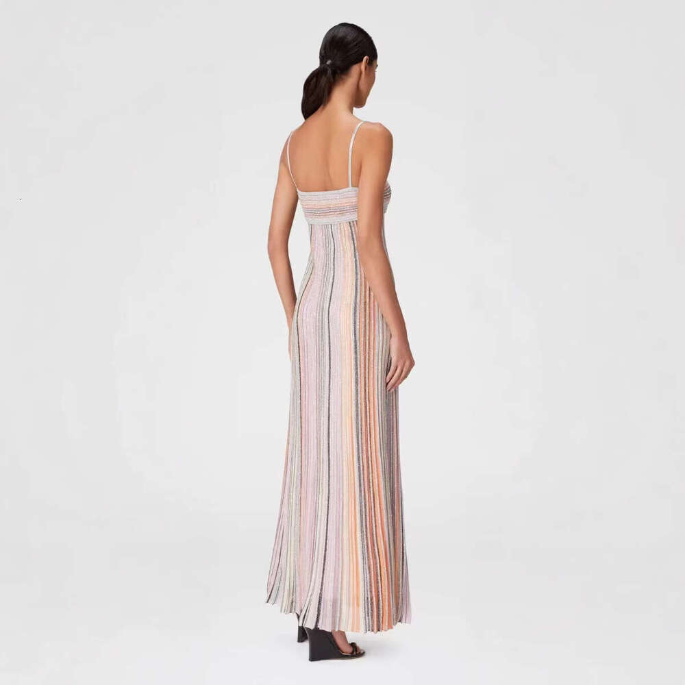 2026 Summer New Fashion Vacation Style Color Block Sequin Striped Knitted Slim Fit Elegant Spaghetti Strap Dress