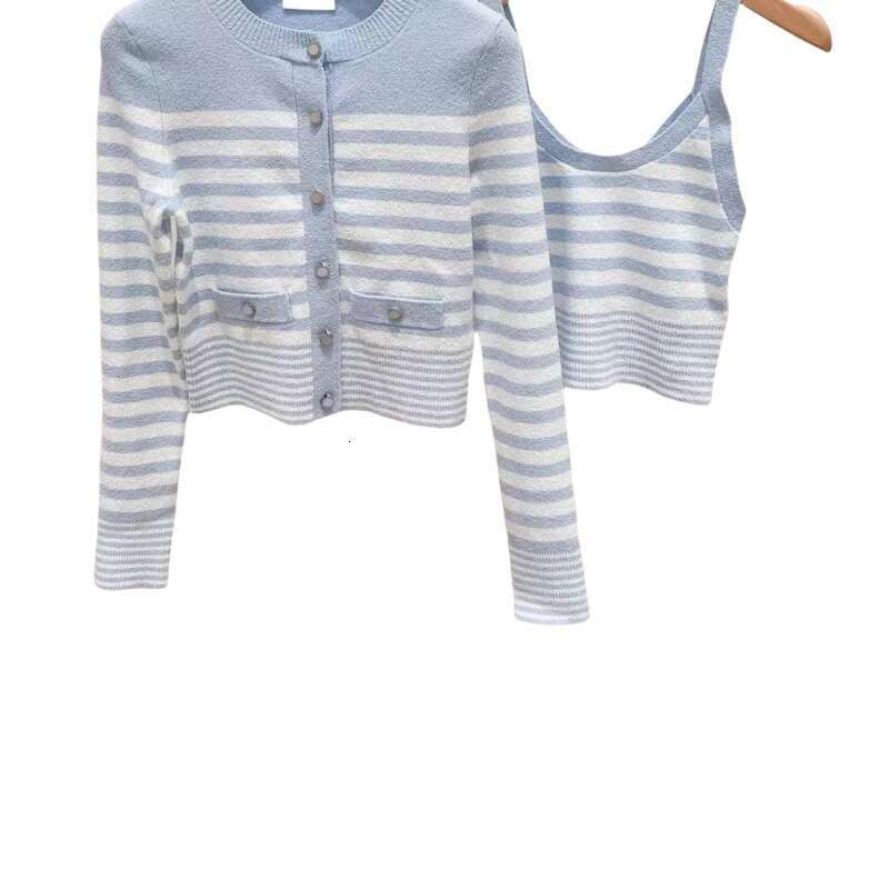 2025 Spring Summer New French Elegant Style Blue Striped Knitted Cardigan Jacket + Vest Top Set