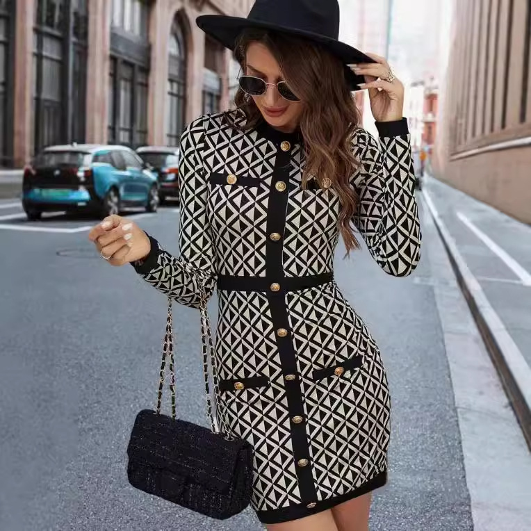 Luxury Brand Designer Clothes 2024 Women's Fashion Autumn Winter New Style Long Sleeve Knitted Dress Elegant