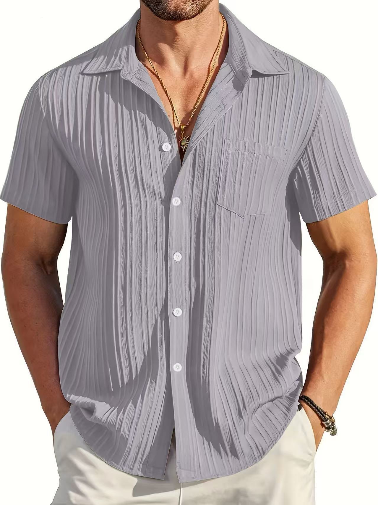 Mens Solid Color Wave Textured Button Up Short Sleeves Shirt 240816
