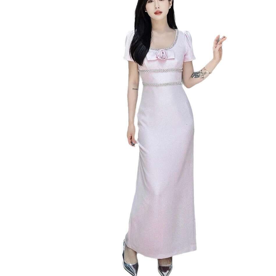 French Niche 26 Summer New Elegant Pink Rose Flower Large Round Neck Short Sleeve Dress Long Skirt