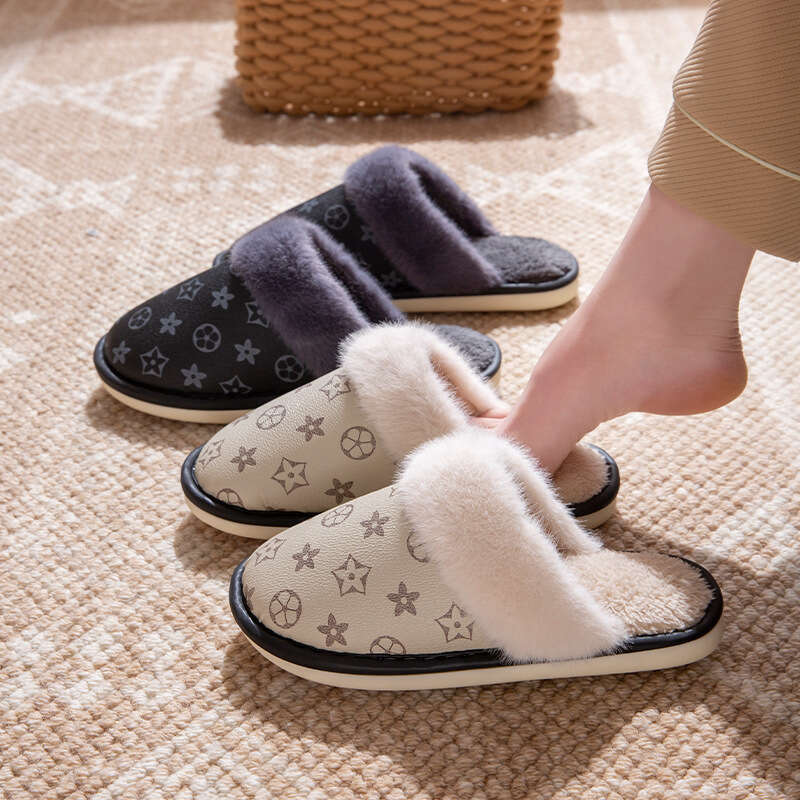 PU Waterproof Cotton Women, Autumn Winter New Style, Fleece-Lined, Warm, Non-Slip, Middle-Aged Elderly Slippers for Men, Indoor and Outdoor Wear