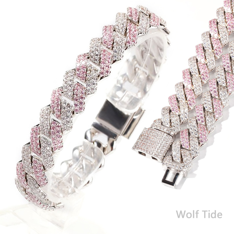 Two Tone Cuban Link Chain Bracelets Unisex Hip Hop White Pink Full Diamond Cubic Zirconia Ice Out Bling CZ Stone Curb Chains Miami Luxury Designer Rap