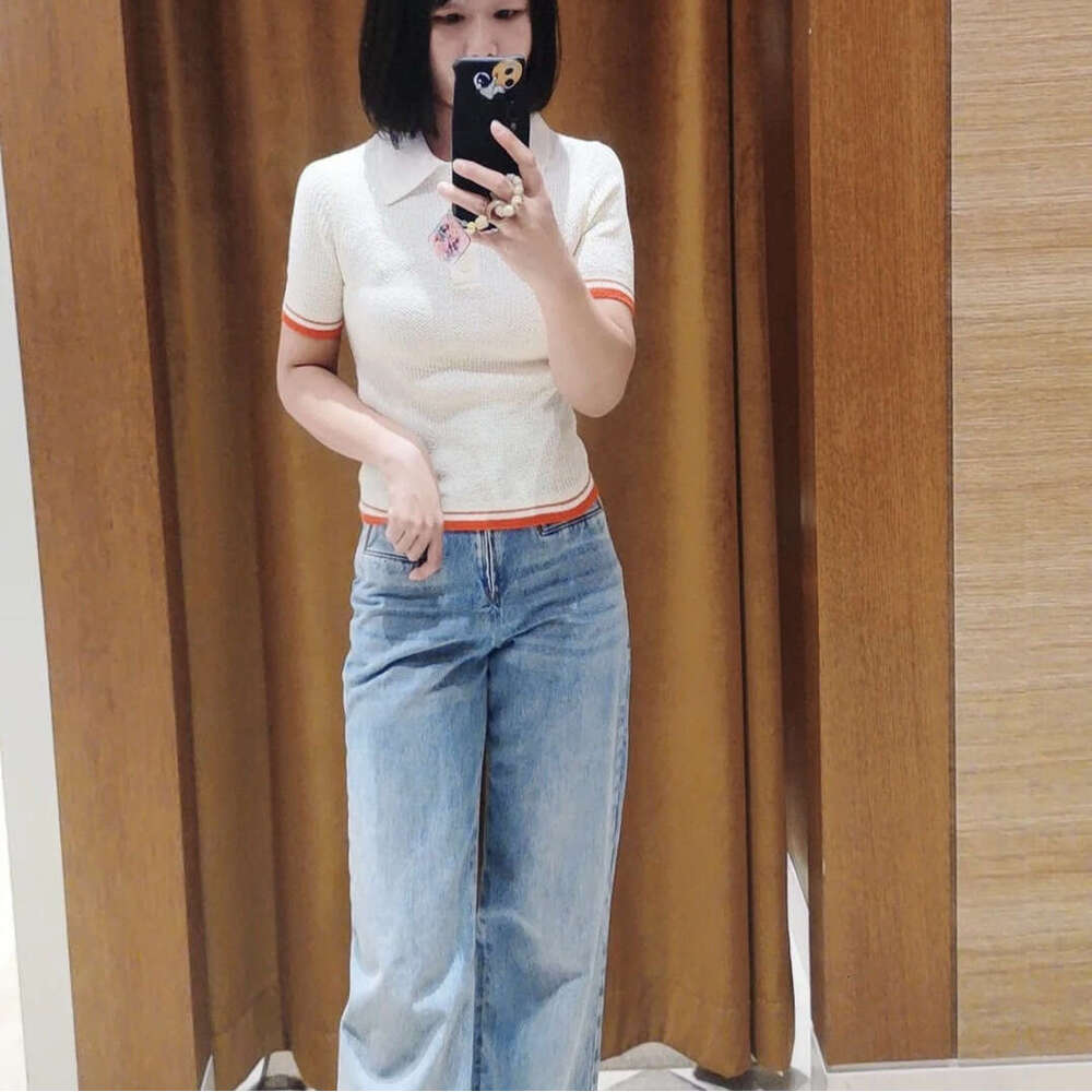 French Elegant 26 Spring Summer Color-Block Polo Collar Striped Edge Short Sleeve Knitted Sweater Top