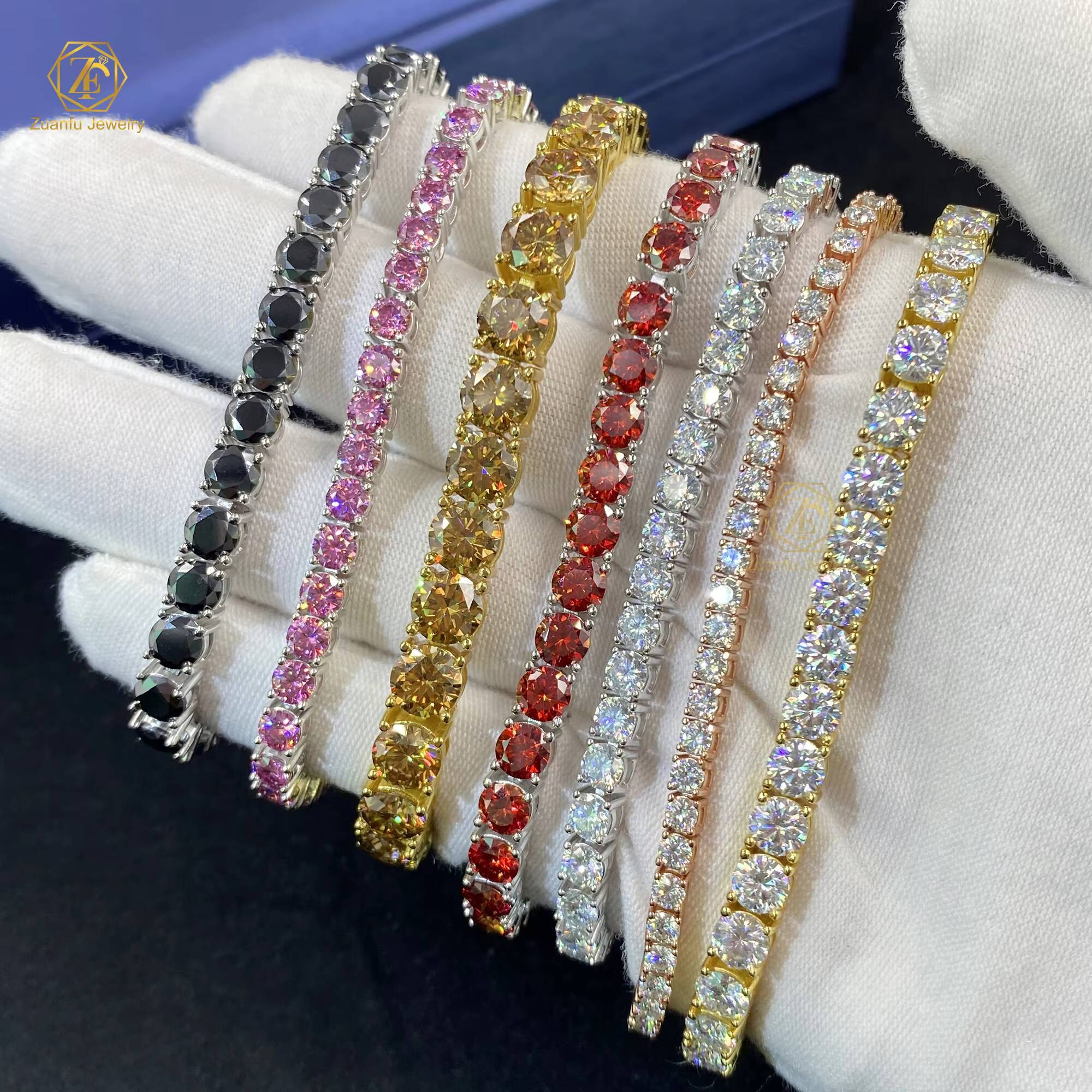 Hip Hop Jewelry 925 Solid Silver Blue-Green Pink Yellow Red Champagne Black Moissanite Diamond Men Tennis Bracelet