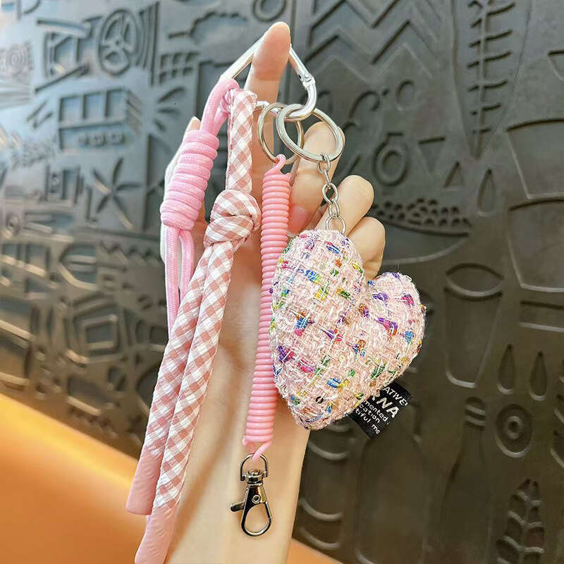 Bag Charm Tweed Heart Bag Charm Keychain with Plaid Tassel Strap Multi-use for Bag Phone