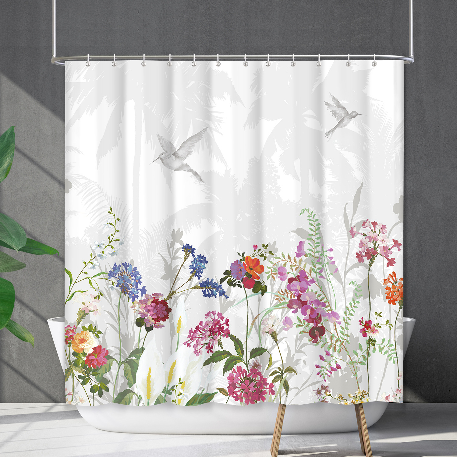 YL-38222 Customized Waterproof Shower Curtain Set with Floral Plants, Flower and Grass Shower Cover, No Drill Required
