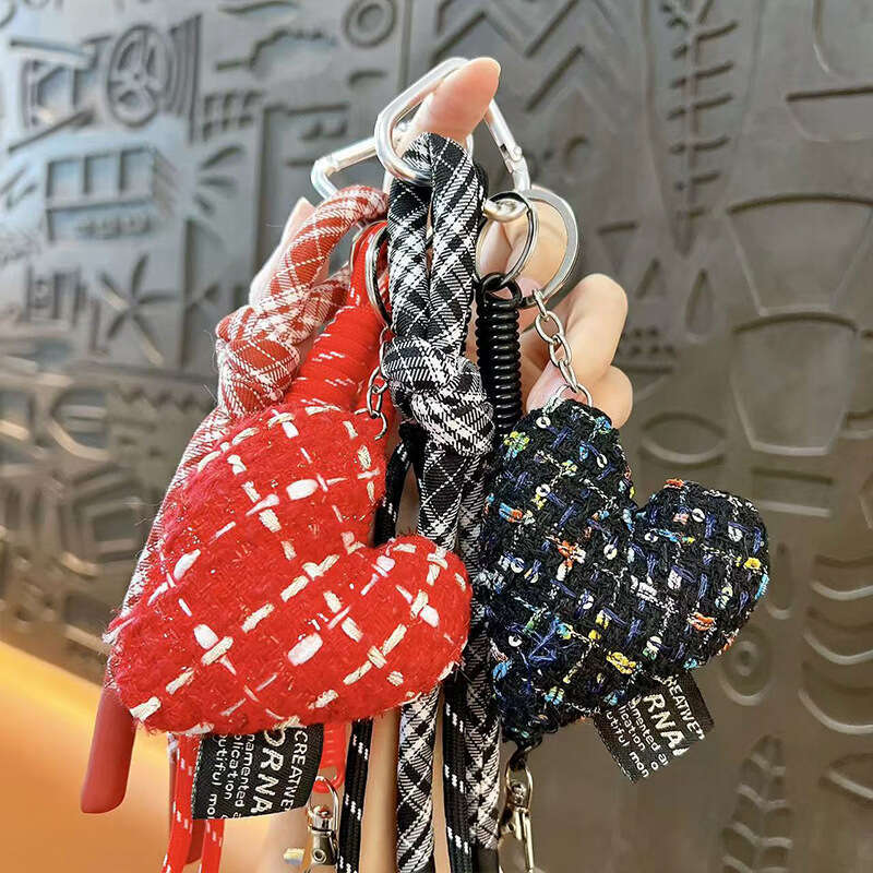Bag Charm Tweed Heart Bag Charm Keychain with Plaid Tassel Strap Multi-use for Bag Phone