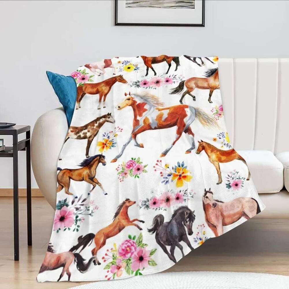 Horse Blanket Gift Girls Women Cartoon Horses Flannel Cute Farm Animal Blankets Soft Lightweight for Lovers Decor Sofa Bed