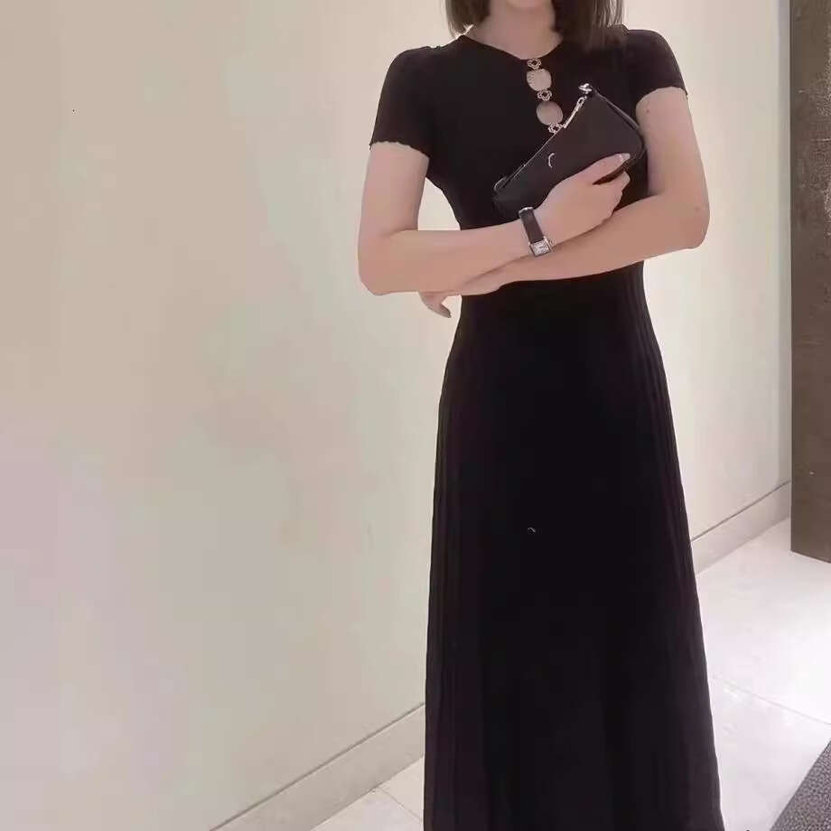 2026 Spring Summer New French Style Niche Hollow Waist Black Knitted Long Dress for Women M
