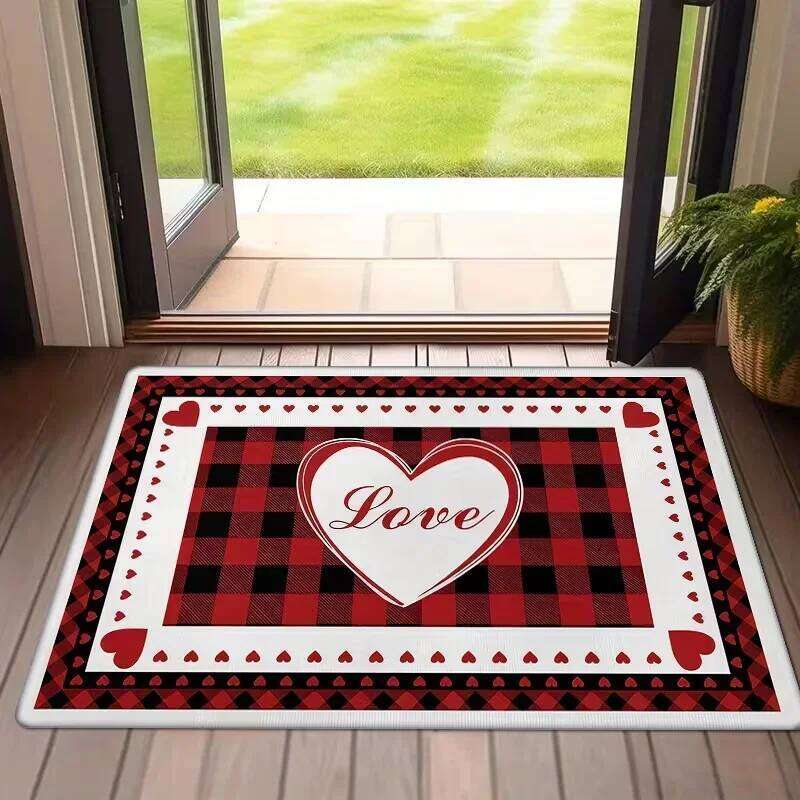 Checked Heart Print Doormat Sweet Cute Home Rug Water-absorbent Non-slip Mat for Doorway Living Room Valentine's Day Decor