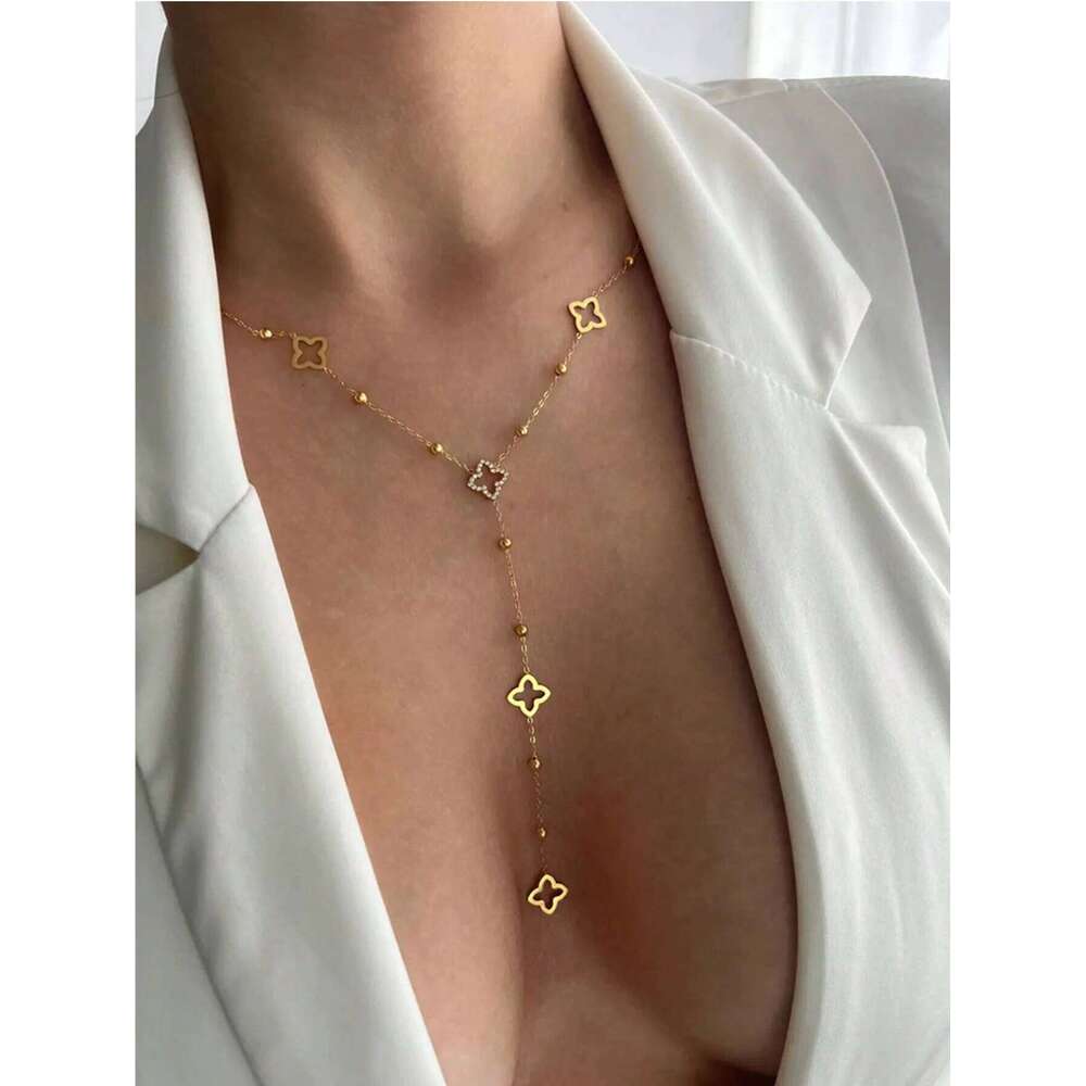 Jewellery Necklace Luxury Stainless Steel Four-Leaf Clover Diamond-Studded Y-Chain Hollow Heart Collar for Party and Anniversary Gift High Quality Tex