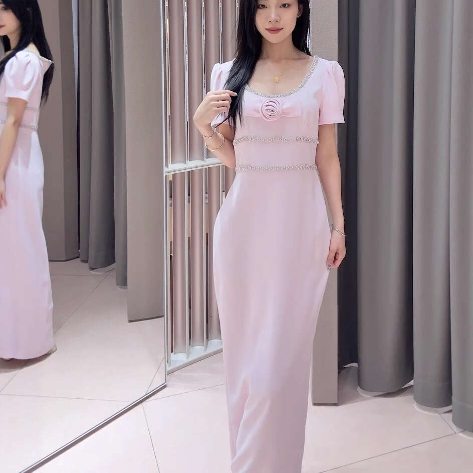 French Niche 26 Summer New Elegant Pink Rose Flower Large Round Neck Short Sleeve Dress Long Skirt