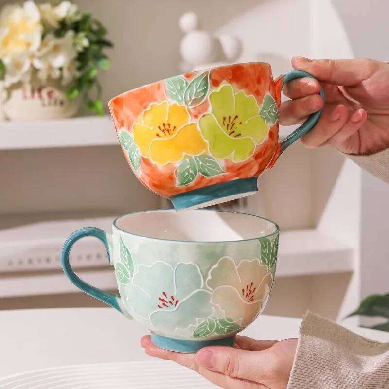 500ML Ceramic Coffee Mugs Large Capacity Hand-painted Relief Breakfast Cup Milk Oat Flower Tea Cups Creative Drinking Water Mug