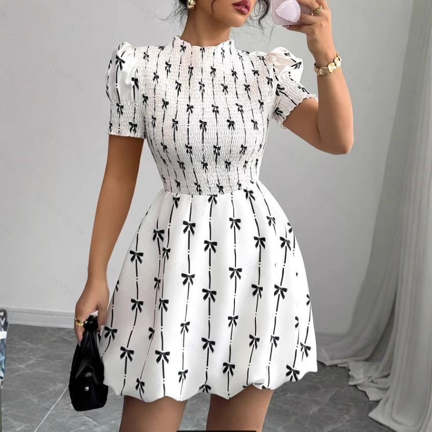 Luxury Brand Designer Clothes European And American 2025 Summer New Ruffled Sleeve Women's Bow Pullover Dress