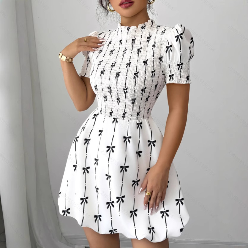 Luxury Brand Designer Clothes European And American 2025 Summer New Ruffled Sleeve Women's Bow Pullover Dress