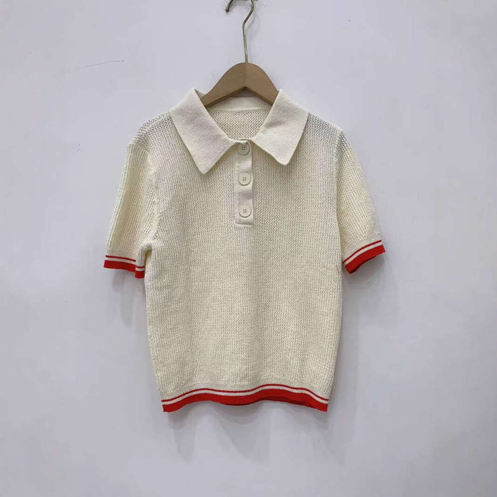 French Elegant 26 Spring Summer Color-Block Polo Collar Striped Edge Short Sleeve Knitted Sweater Top