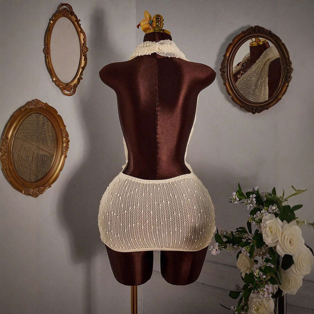 European and American New Cross-Border Women's Fashion Sexy Hot Girl Knitted Halter Neck Pile Collar Backless Sleeveless Woolen Dress Short Skirt
