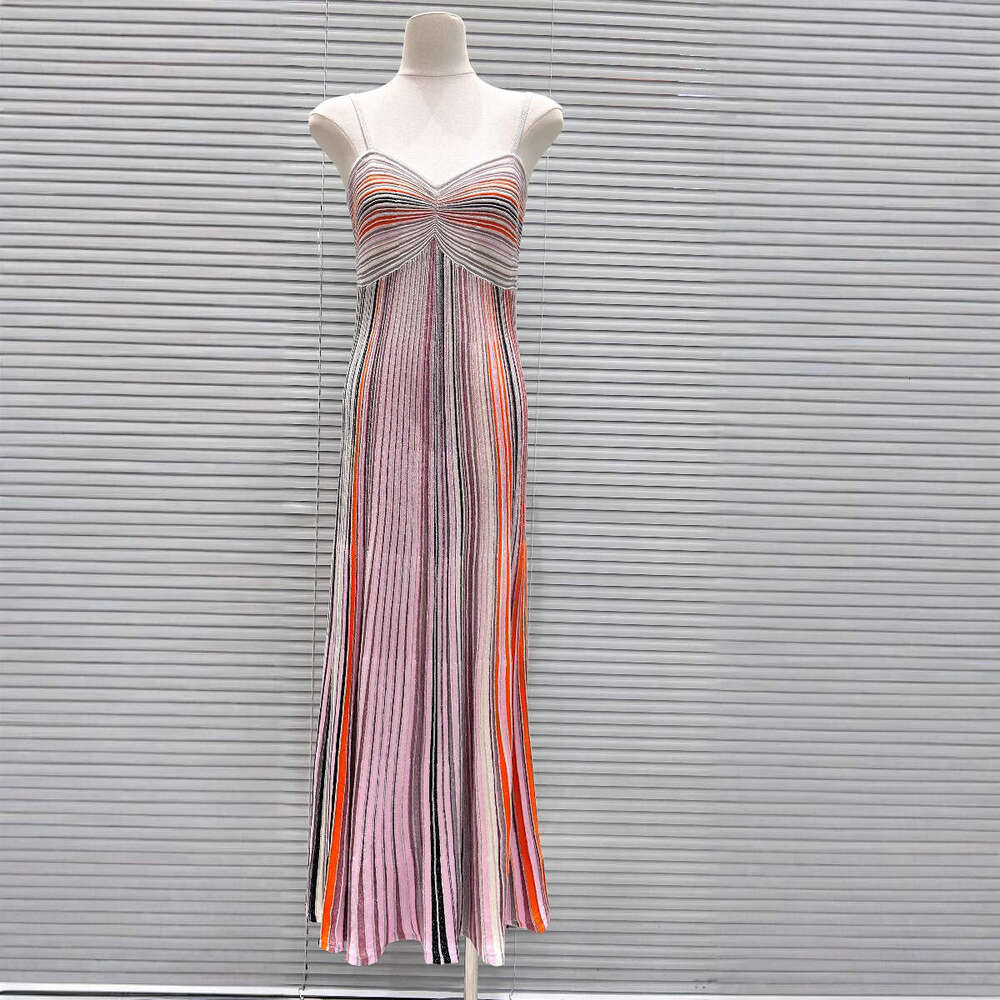 2026 Summer New Fashion Vacation Style Color Block Sequin Striped Knitted Slim Fit Elegant Spaghetti Strap Dress