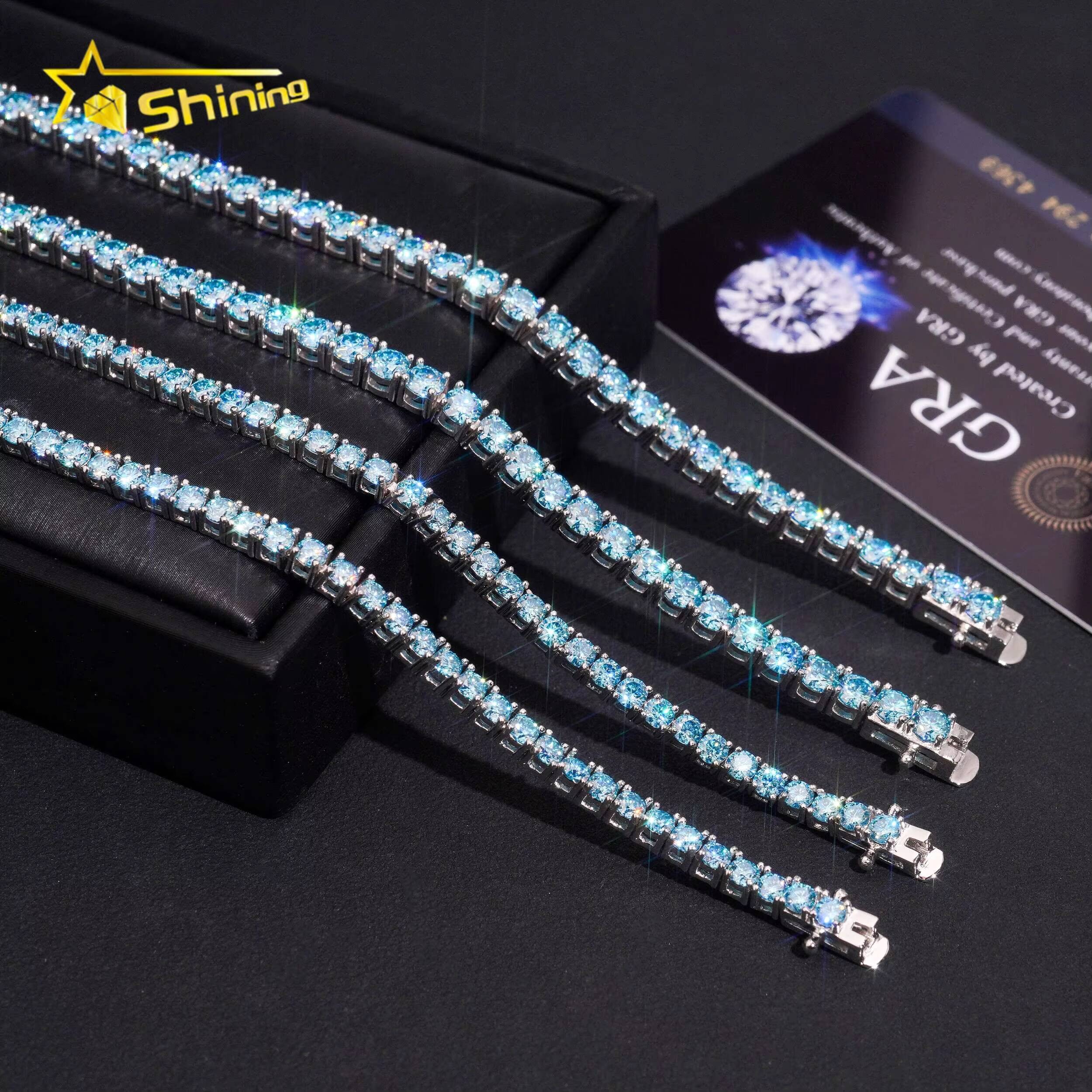 Fine Jewelry 925 Silver D VVS 3mm 4mm Blue Moissanite Tennis Bracelet Custom Trending Bracelets for Women Men