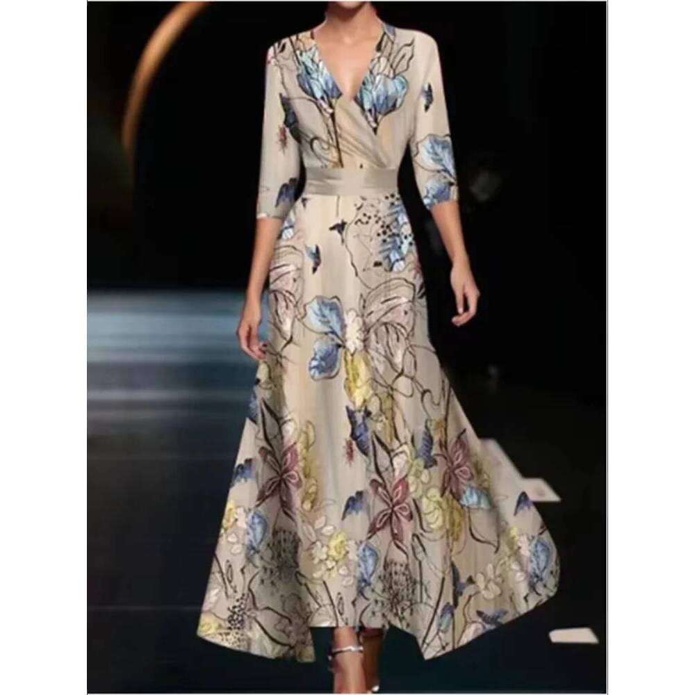 High Waisted V-neck Long Sleeved Geometric Printed Dress Fashionable Elegant Daily Street Wear Women's Dresses