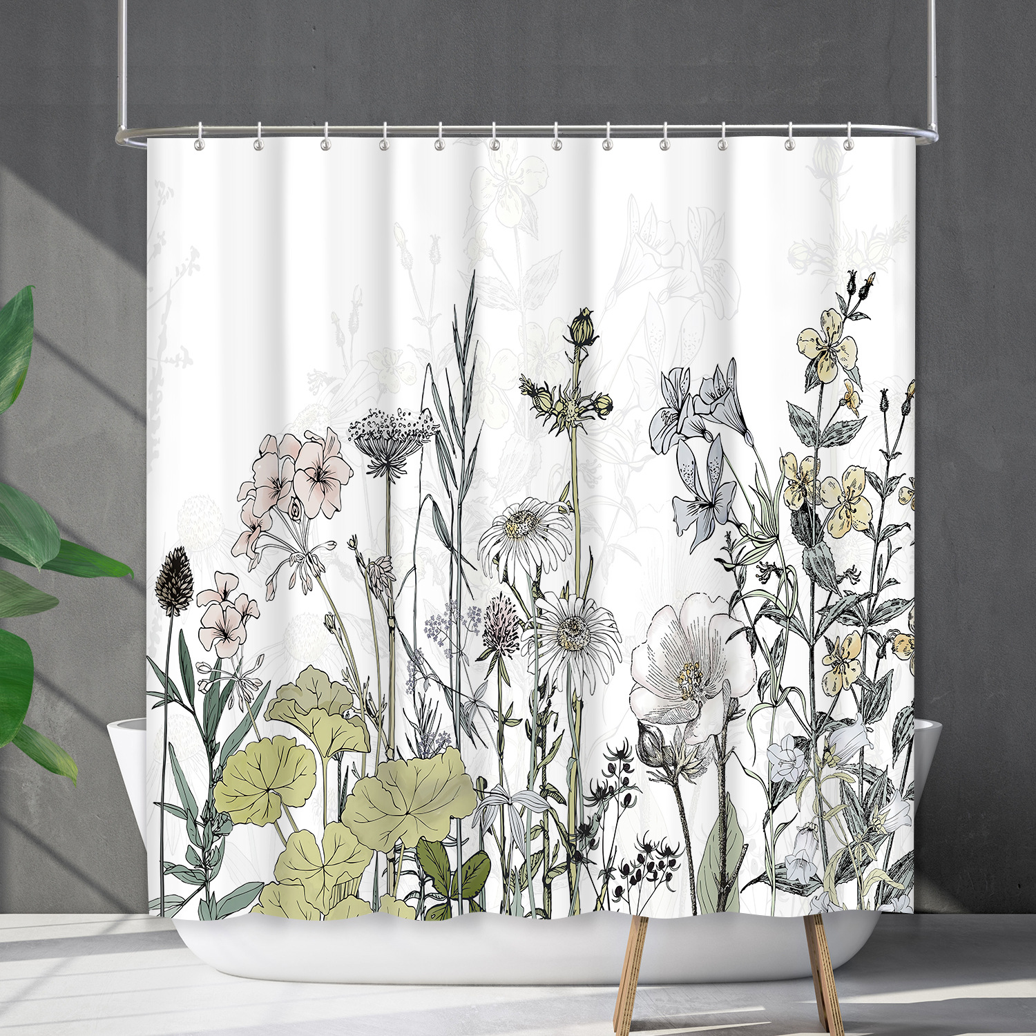 YL-38185 Waterproof Shower Curtain Set with Floral and Plant Designs, Shower Coverage, No Drill Required