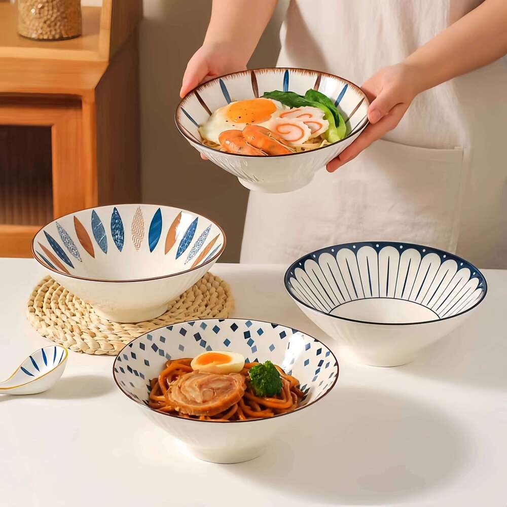 Kitchenware Household Dining Room Tableware Premium Ceramic Ramen Bowl Soup Noodle Bowl Outdoor Living Room Bucket Design Threaded Soup Bowl for Noodl