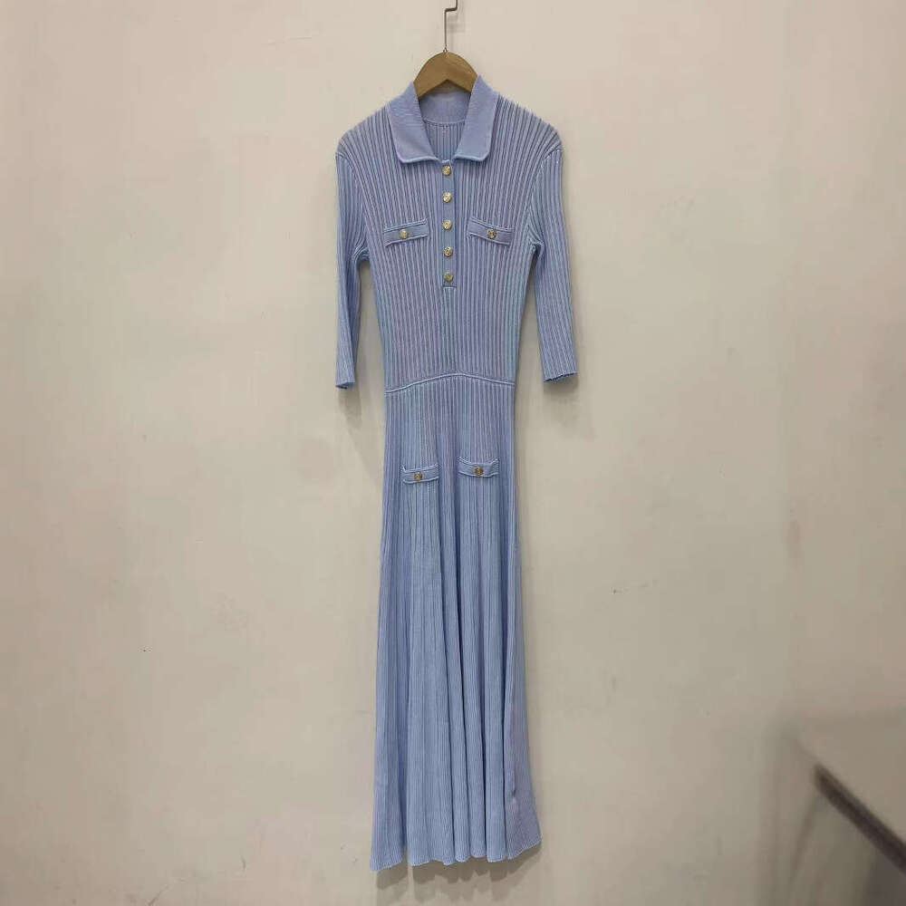 French Elegant 26 Spring Summer New Fashion Three-Quarter Sleeve Polo Collar Mid-Length Slim Fit Shiny Knitted Dress