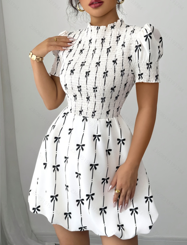 Luxury Brand Designer Clothes European And American 2025 Summer New Ruffled Sleeve Women's Bow Pullover Dress