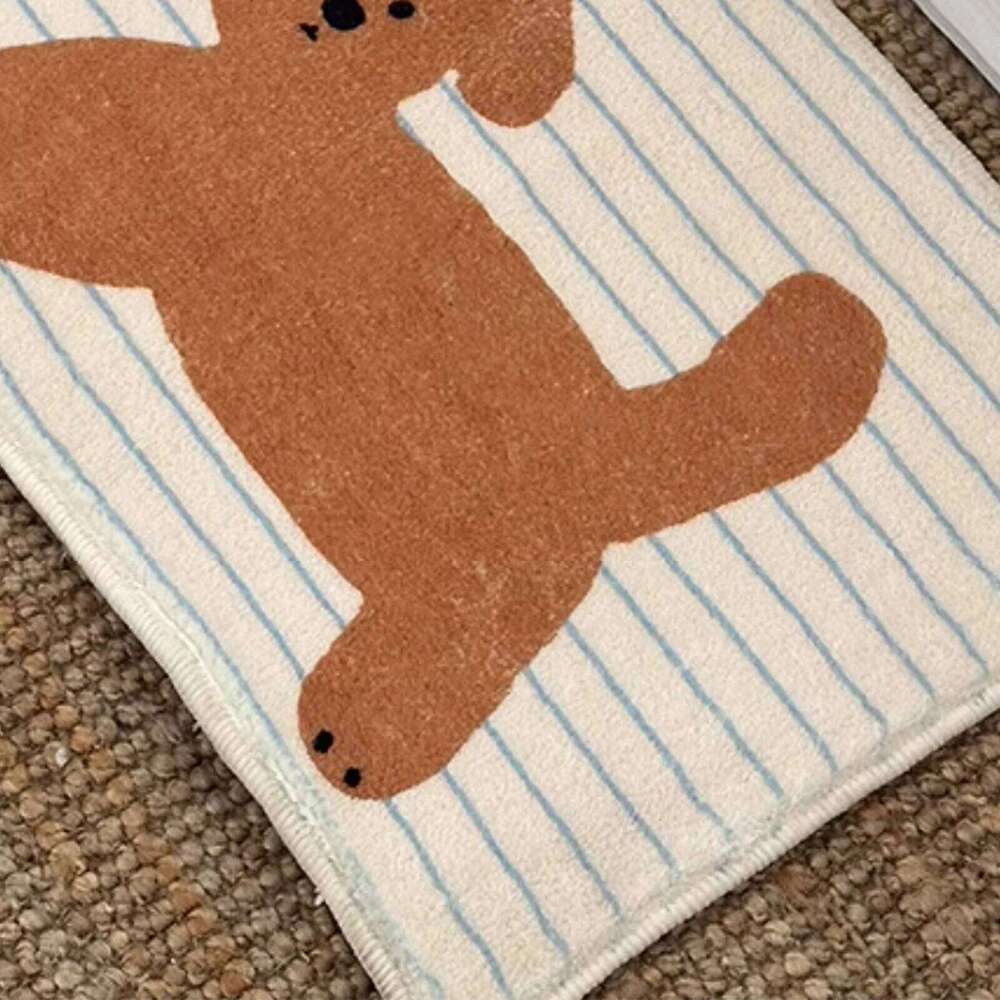 Striped puppy printed short fleece bathroom anti-slip cute style door mat, indoor small carpet