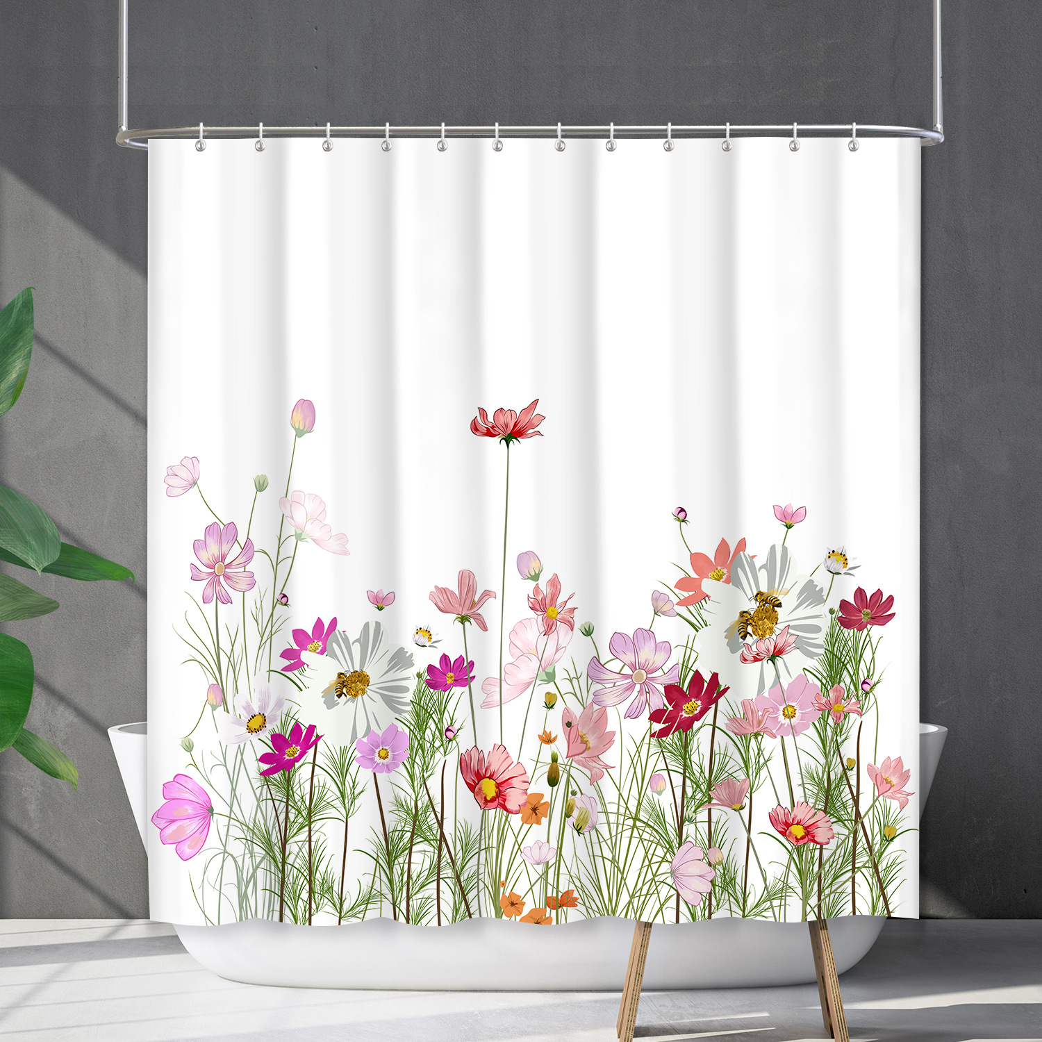 YL-38182 Bathroom Waterproof Shower Curtain Set, Floral Plant Curtain, Flower Shower Cover, No Drill Required