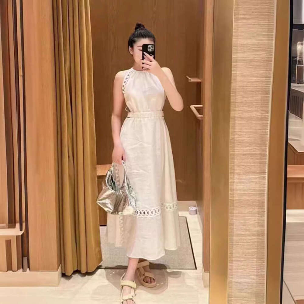 2026 Summer New French Style White Heart-shaped Hollow Lace Edge Halter Backless Dress