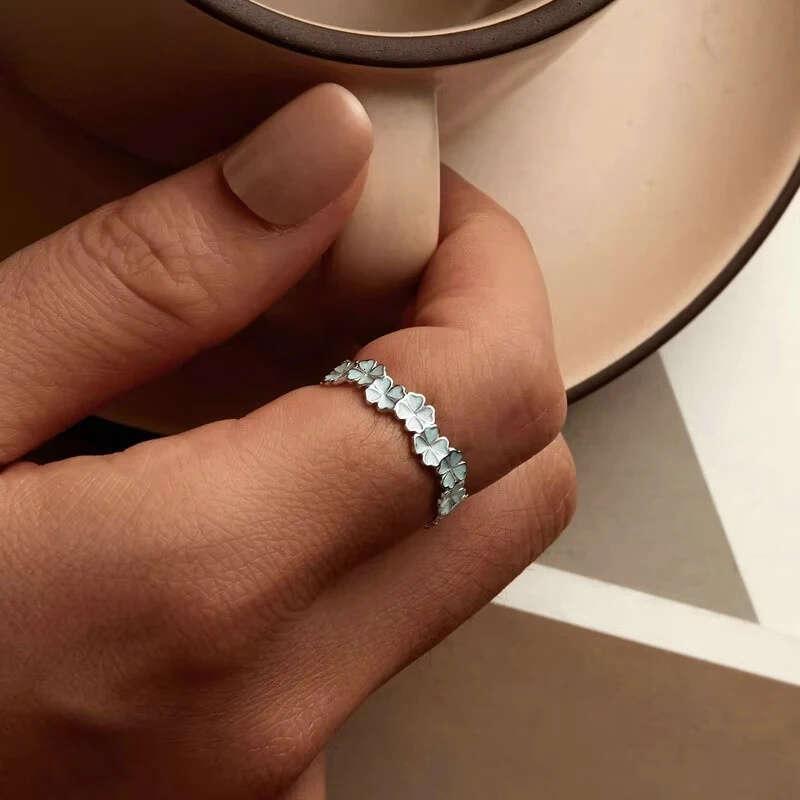 Ring Jewellery 925 Sterling Silver Four Leaf 1 Clover Mint Green Leaves Vine Adjustable Band for Party Daily Wear Gift High Quality Texture
