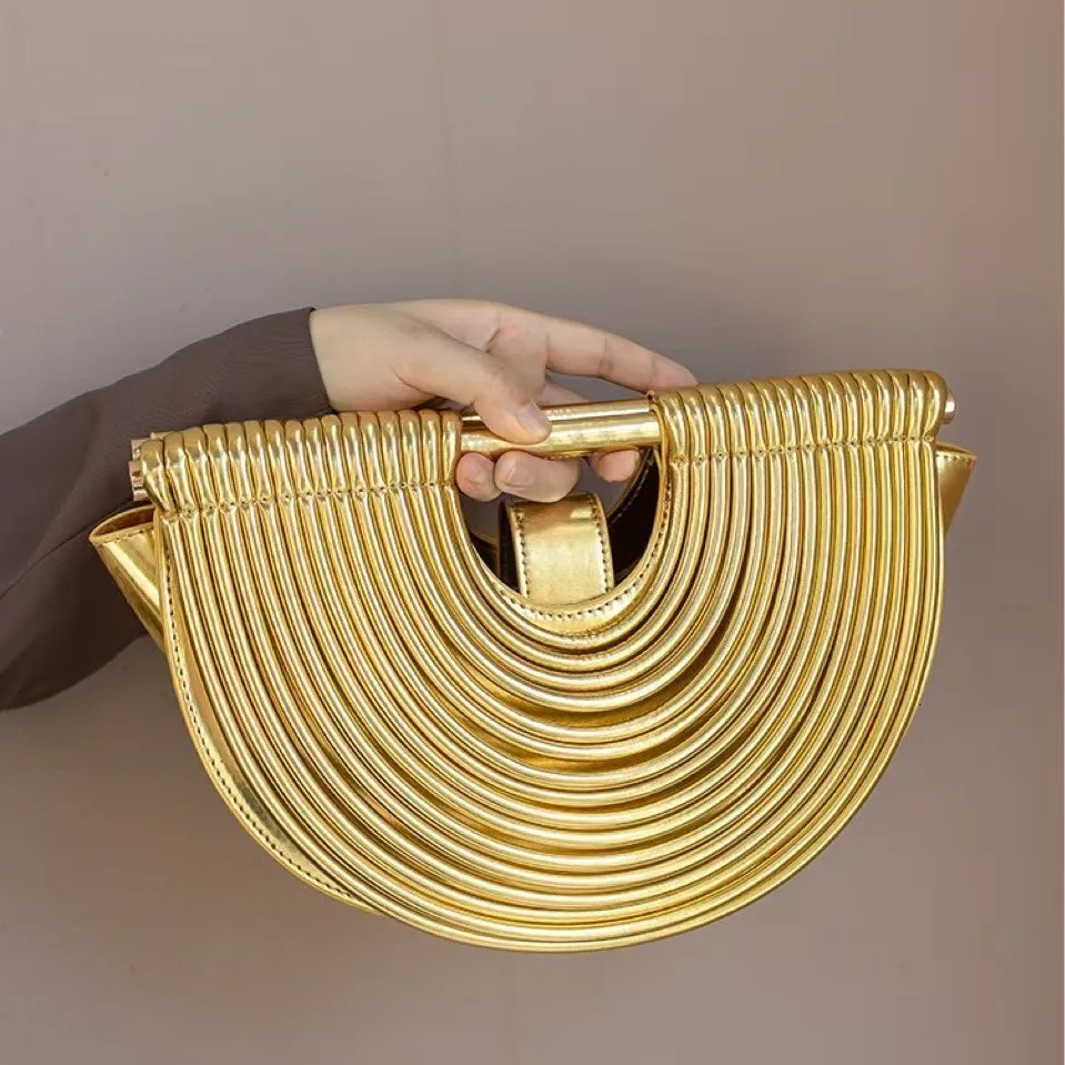 2026 Handbags for Women Gold Handwoven Noodle Bags Half Round Pulled Hobo Silver Evening Clutch Bag 260112