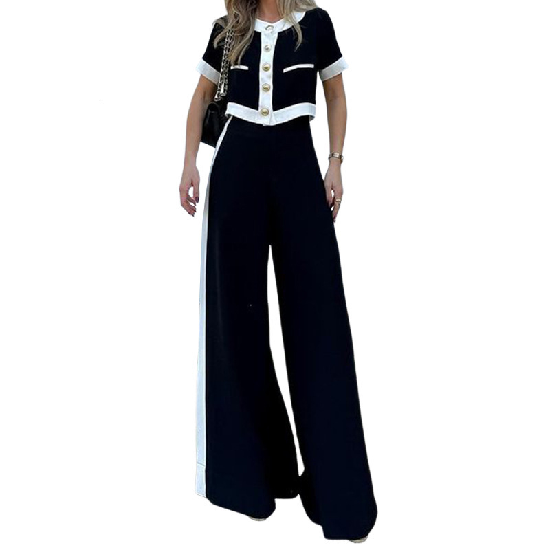 Designer Women's 2026 New Fashion Set Commuter Short Sleeve Straight Pants Two Piece Set Color Blocked Black And White High Quality Clothing